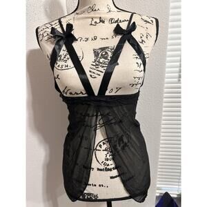 Vintage Lace Mesh Baby Doll Chemise Mini Dress Top Black Cage Bondage XSmall Bow